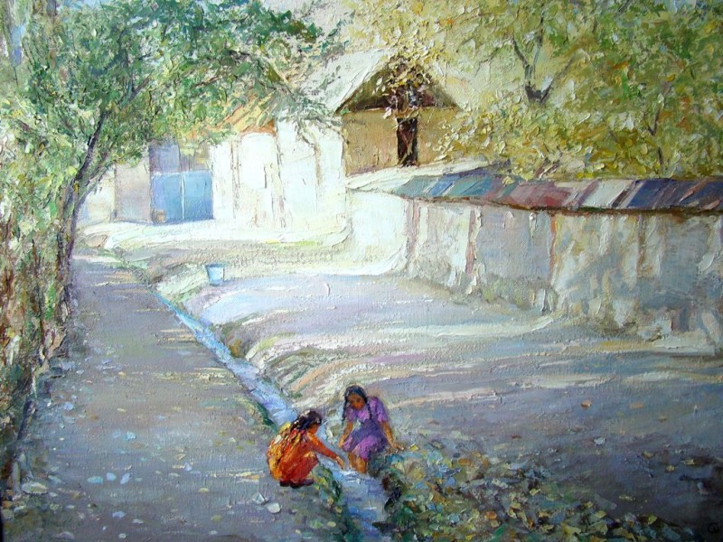 ДЕВОЧКИ У АРЫКА . ХМ . 100Х 75 . 2011 Г . 
