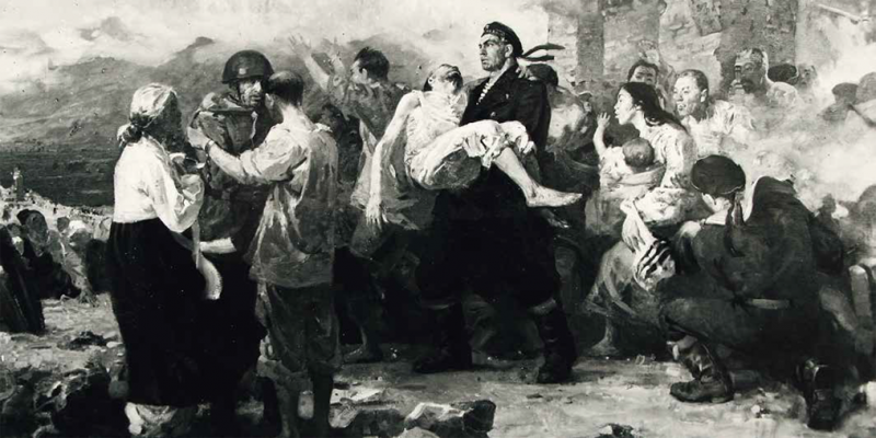 «Освобождение». 1959 г. Холст, масло. 200 см × 365 см. На картине в героическом ключе изображено, как советские десантники освобождают из концентрационного лагеря в Чхончжине истощённых после долго заключения северокорейских военнопленных.