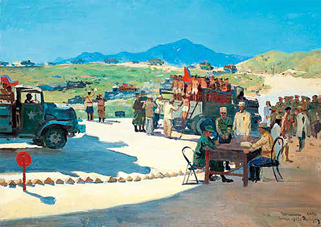«Репатриация северокорейских военнопленных в Пханмунчжоме». 1953 г. Холст, масло. 51 см × 71 см. На картине изображена сцена обмена военнопленными между Севером и Югом в начале августа 1953 г. Художник лично находился в Пханмун- чжоме в это время, запечатлев для истории взаимный обмен пленными, ставший главным предметом спора во время подписания соглашения о перемирии. На кар- тине хорошо видно, что северокорейские пленные действительно срывали с себя одежду, отказываясь возвращаться на родину в одежде, выданной американцами.